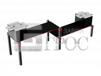 Горизонтальная гимнастическая скамья двойная разноуровневая с упором для ног, к которой прикреплены две раздвижные антивандальные измерительные линейки в горизонтальной плоскости с диапазоном измерения от +35 до -10 см (для выполнения испытания (теста) ГТО 